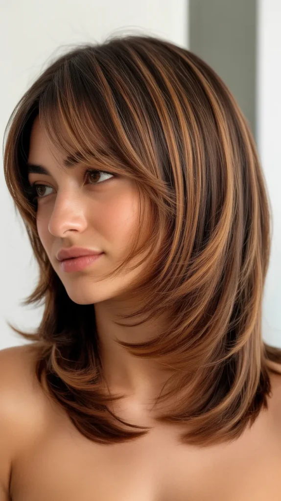 Layered Long Bob with Curtain Bangs and Highlights