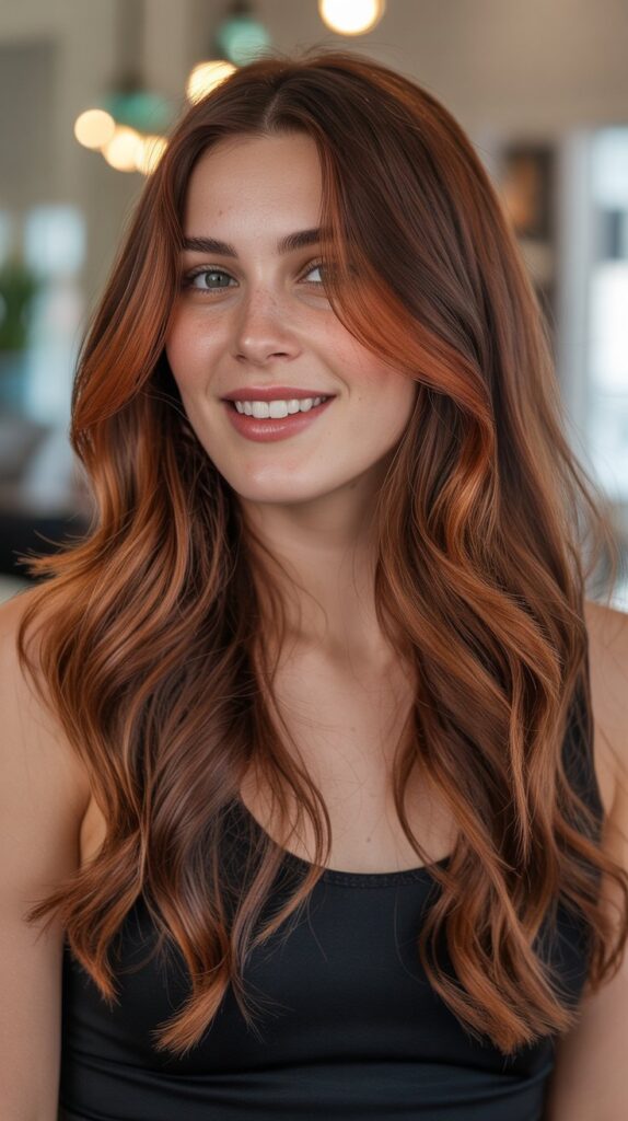 34 Trendy Brunette Balayage Hairstyles with a Money Piece 7 Mahogany Balayage with Copper Money Piece