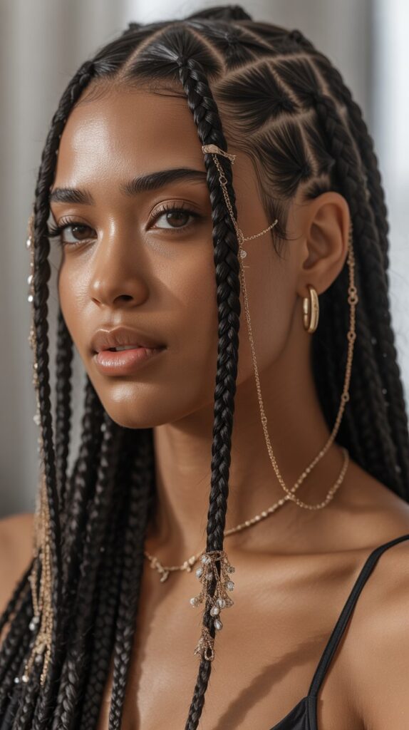 Top 27+ Stunning Side Part Knotless Braids to Try Right Now 19 19. Side Part Knotless Braids with Hair Jewelry