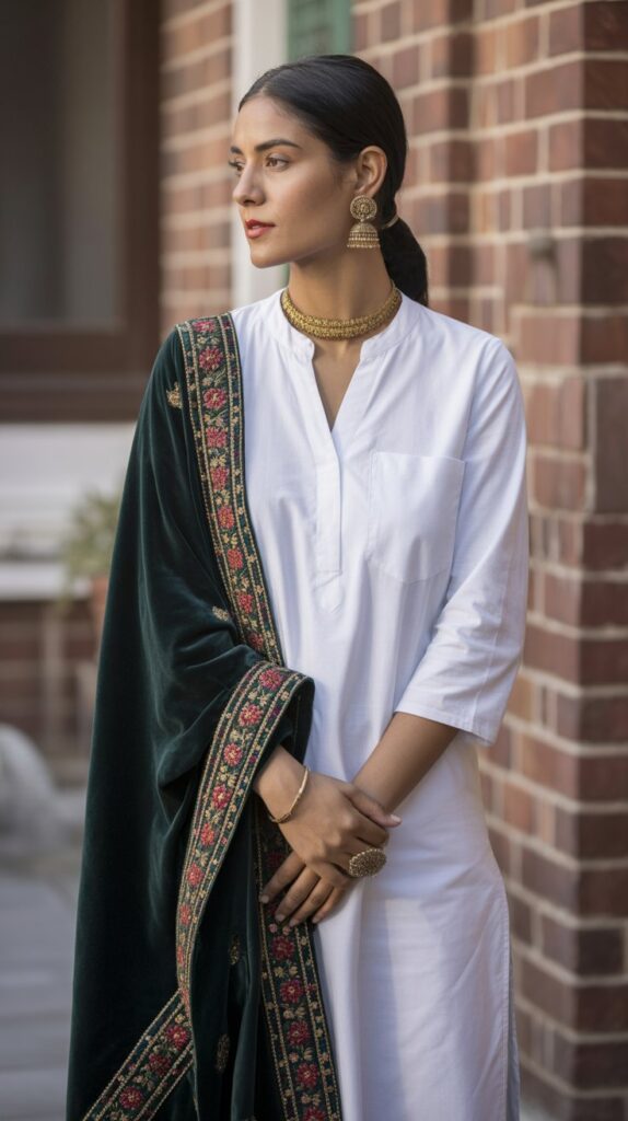 22 Gorgeous Indian Winter Outfits for Women You'll Love 15 Velvet Dupatta with Cotton Suit
