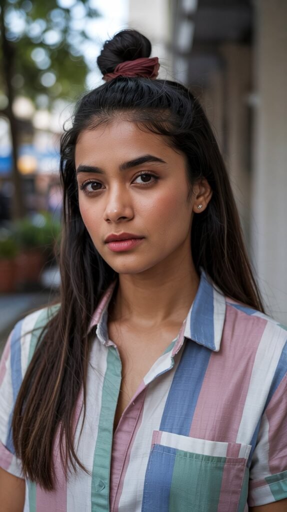  Straight Hair with Top Knot and Flowing Ends