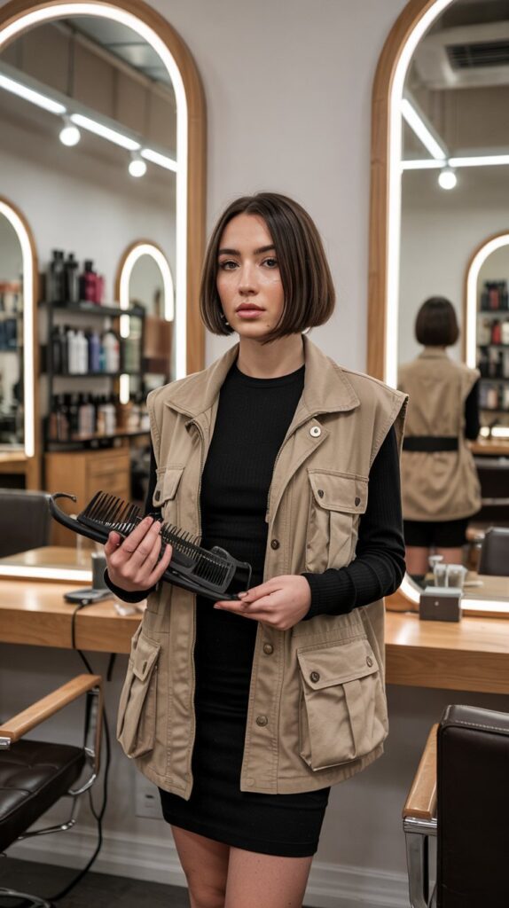 33 Polished Summer Hairstylist Outfits for Work 21 Utility Vest Over Fitted Dress