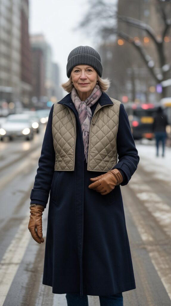 30 Fabulous Winter Outfits for Women Over 50 That Radiate Confidence 29 Layered Vest Over Coat
