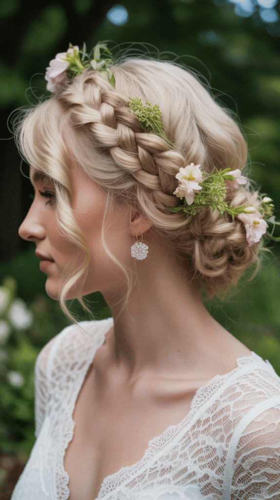 Best 33+ Updo Wedding Hairstyles for Curly Hair 9 Braided Curly Updo with Flowers