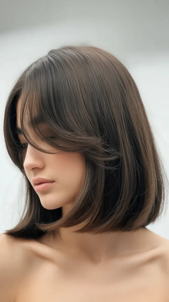 Ash Brown Long Bob with Curtain Bangs