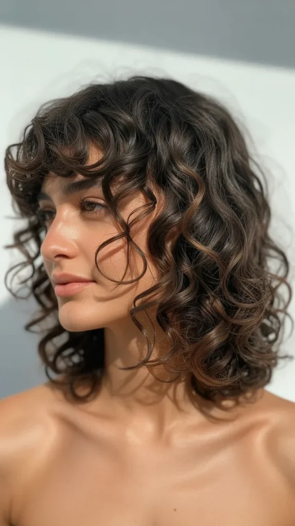 Curly Long Bob with Curtain Bangs