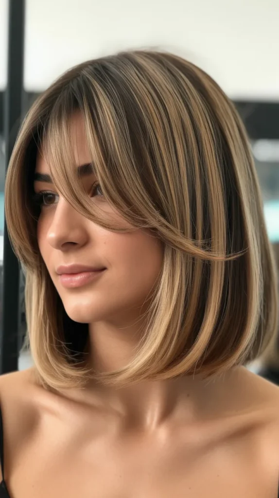 Long Bob with Curtain Bangs and Money Piece Highlights