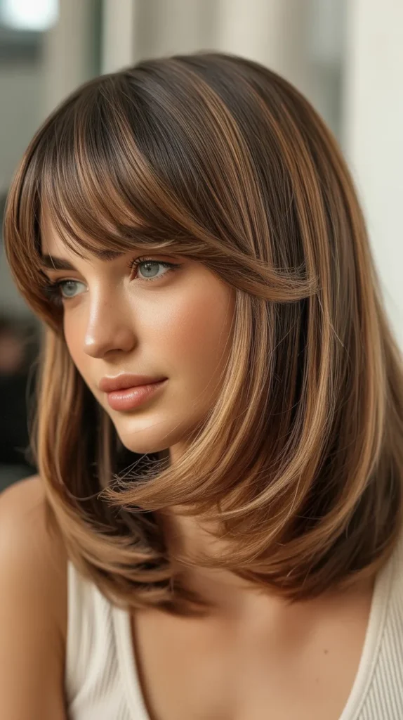 Long Bob with Curtain Bangs and Caramel Highlights