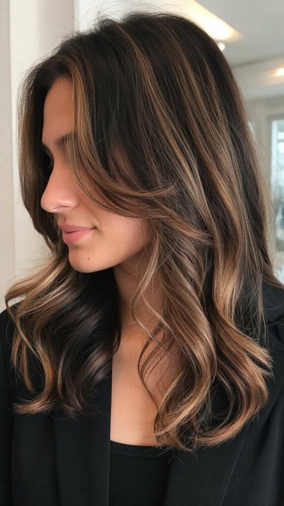 30 Caramel Highlights on Layered Brown Hair 18 . Caramel Peekaboo Highlights
