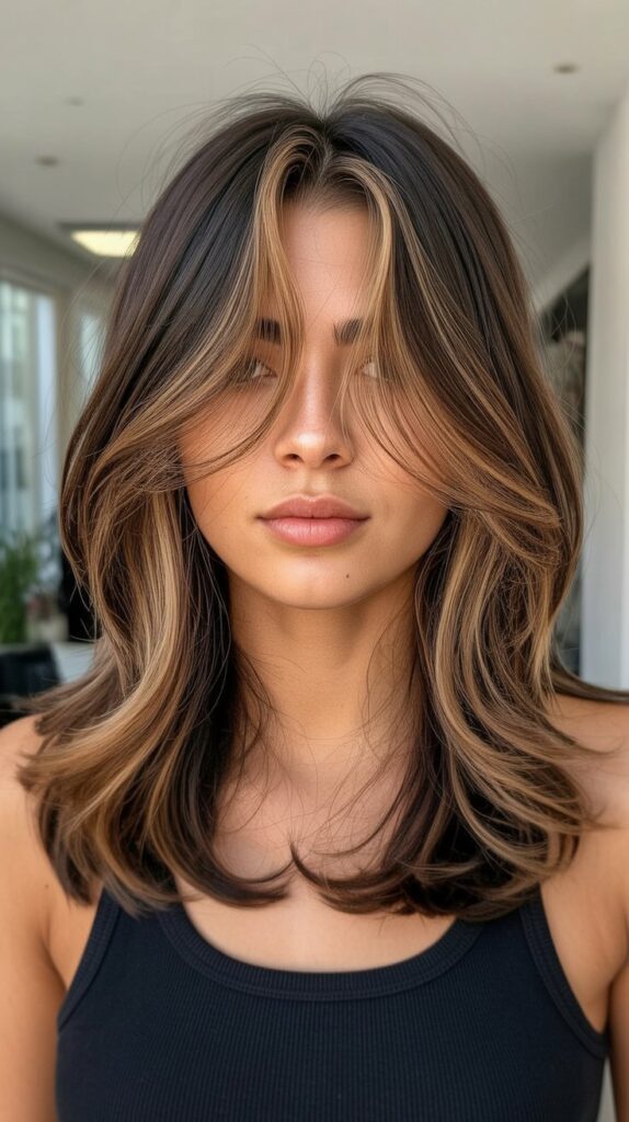 30 Caramel Highlights on Layered Brown Hair 14 Caramel Money Piece Highlights