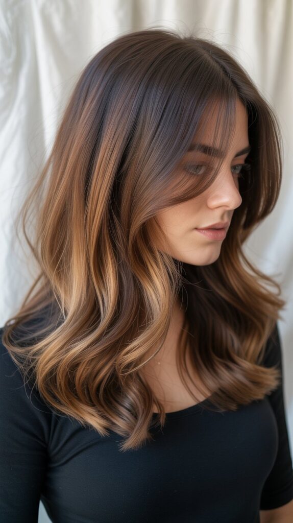 30 Caramel Highlights on Layered Brown Hair 21 . Caramel Highlights with Shadow Root