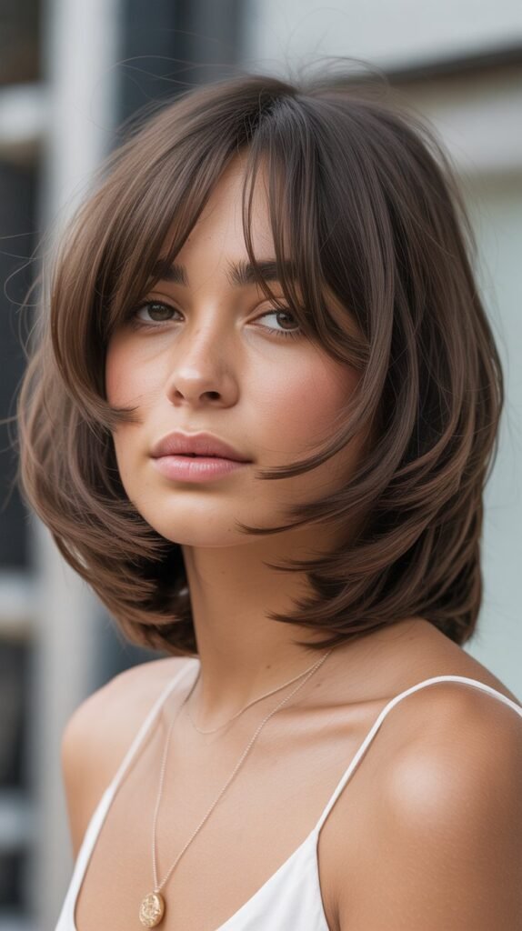 Layered Long Bob with Feathered Curtain Bangs