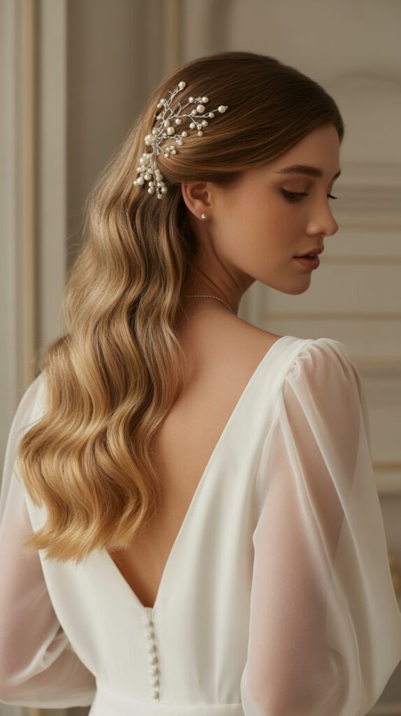 30+ Half-Up, Half-Down Wedding Hairstyles That Will Take Your Wedding Look to the Next Level 17 Half-Up with Pearl Accessories