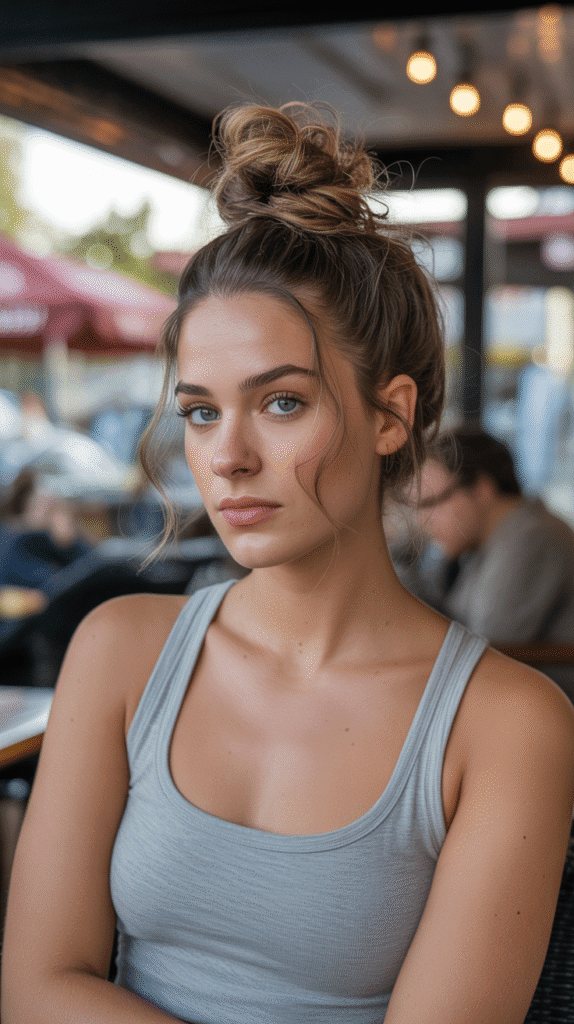 Top 27+ Slimming Hairstyles For Round Faces to Boost Confidence 16 Messy Top Knot with Loose Tendrils