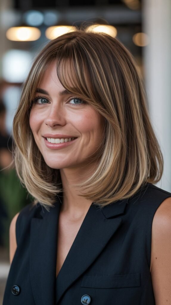 Long Bob with Curtain Bangs and Underlights