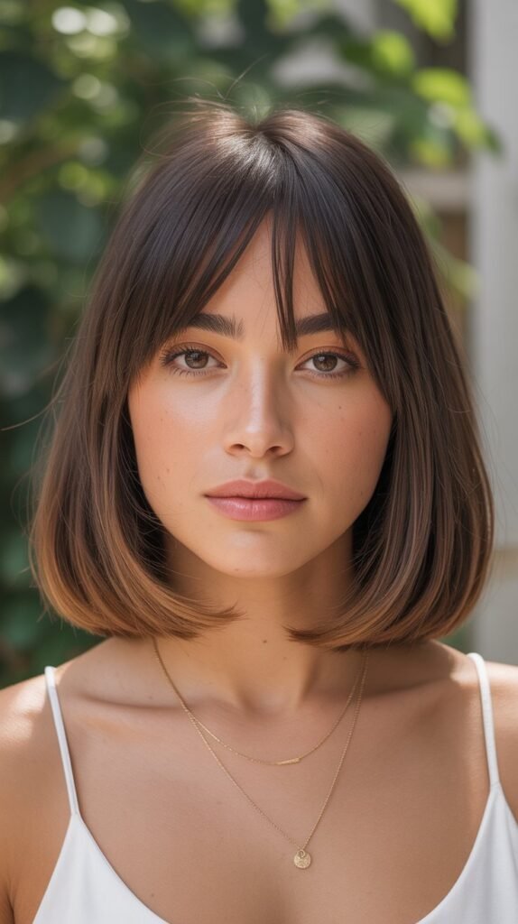  Long Bob with Curtain Bangs for Square Faces