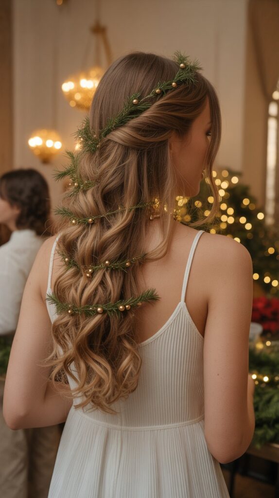 27 Stunning Christmas Tree Hairstyles to Shine Bright at Any Party 14 Garland-Wrapped Loose Curls