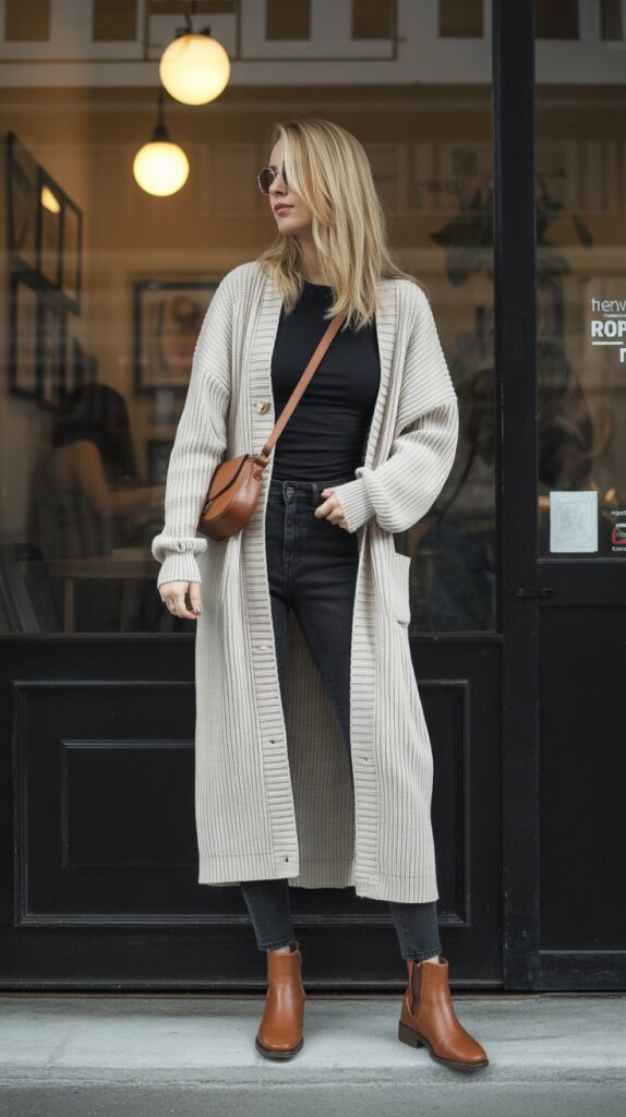 33 Best Casual Fall Outfits for Women at Work 10 Longline Cardigan with Jeans and Boots