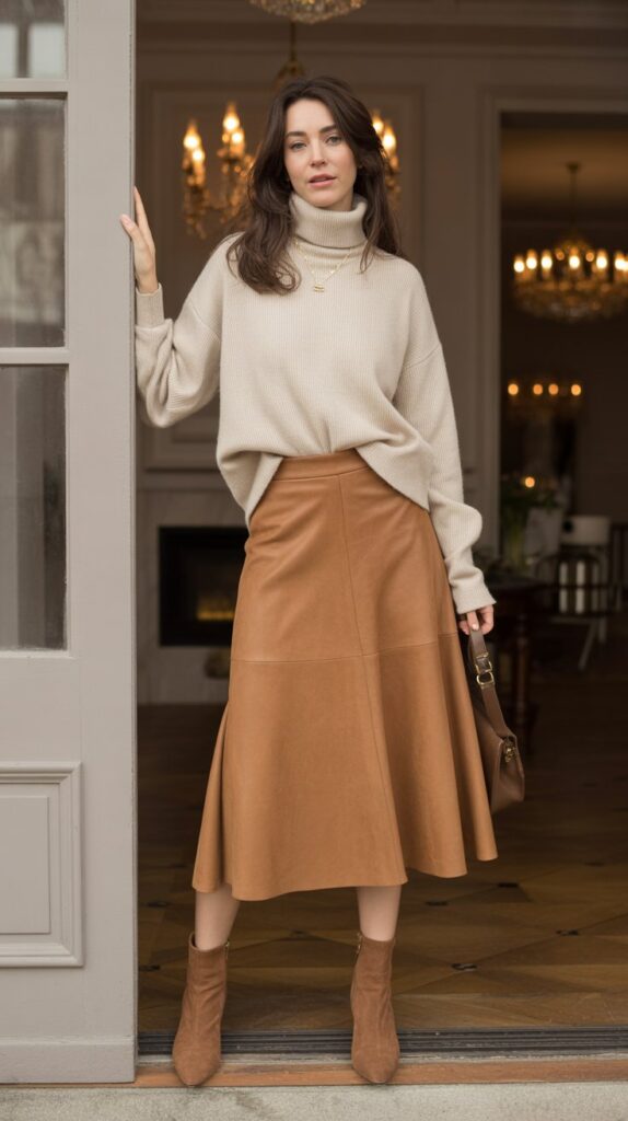20 Stylish Winter Skirt Outfits for Women That Are Warm Yet Trendy 12 Suede Skirt with Cashmere Turtleneck