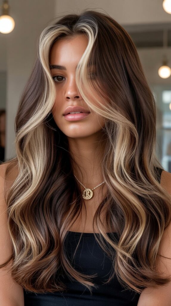 34 Trendy Brunette Balayage Hairstyles with a Money Piece 3 Chocolate Brown Base with Honey Blonde Money Piece