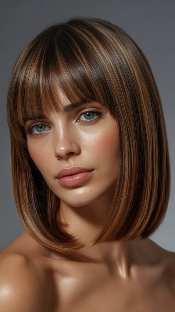 Long Bob with Side Part, Curtain Bangs, and Glossy Finish