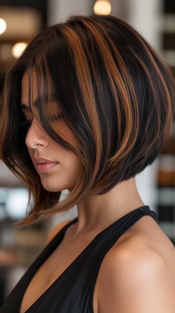 33 Chic Balayage Angled Bob Hairstyles 16 Caramel Balayage on Black Hair