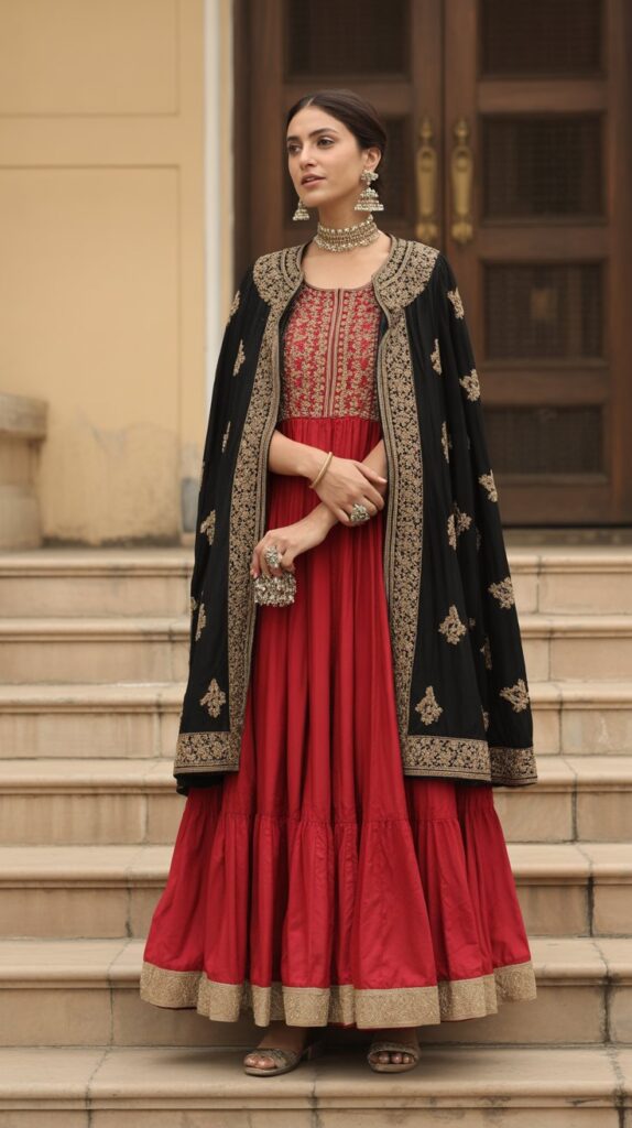 22 Gorgeous Indian Winter Outfits for Women You'll Love 21 Embroidered Coat Over Anarkali