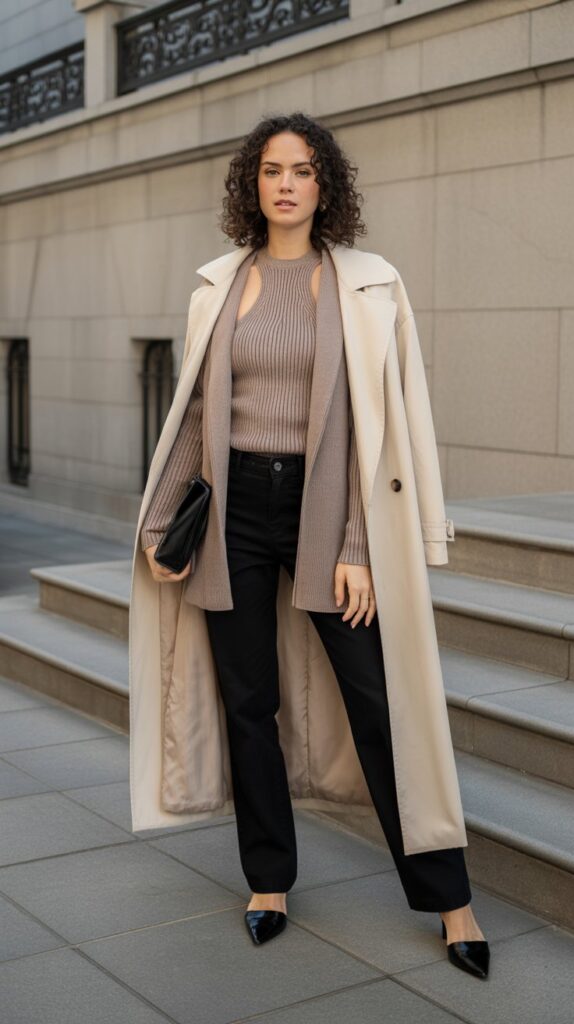 33 Best Casual Fall Outfits for Women at Work 27 Ribbed Knit Set with Trench Coat