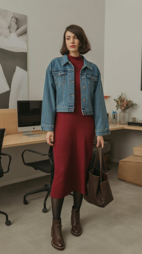 33 Best Casual Fall Outfits for Women at Work 14 Denim Jacket over Dress and Tights