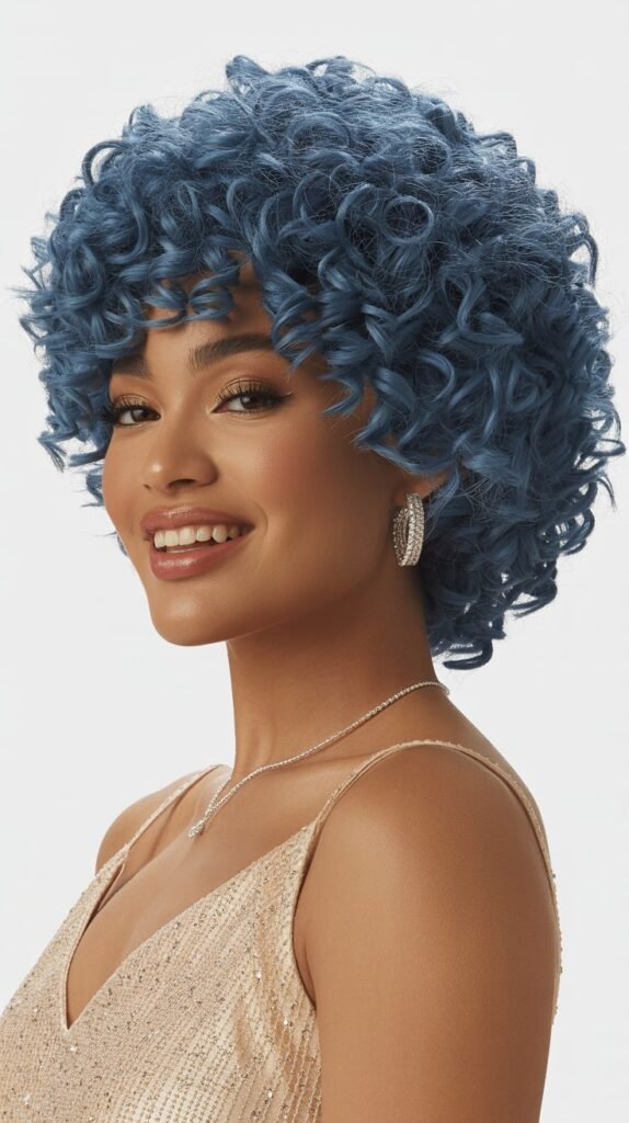 Midnight Blue Kinky Curls Puff Updo