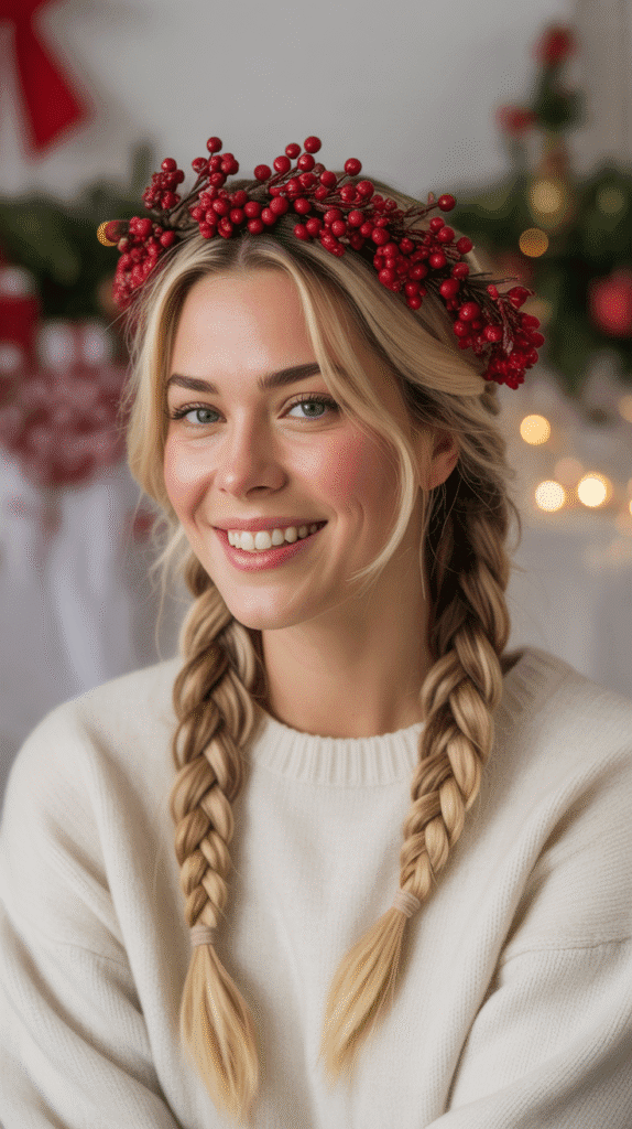 30 Must-Try Winter Hair Braid Trends for 2025 10 Milkmaid Braid with Winter Berries