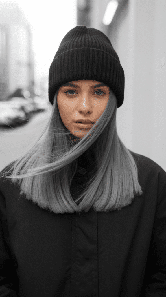 33 Cozy Cute Winter Hairstyles with Beanies 15 Straight Hair with Center Part and Beanie