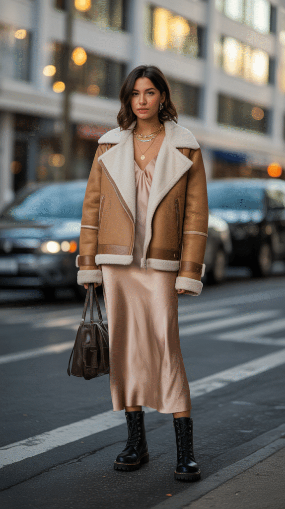 Shearling Jacket with Slip Dress