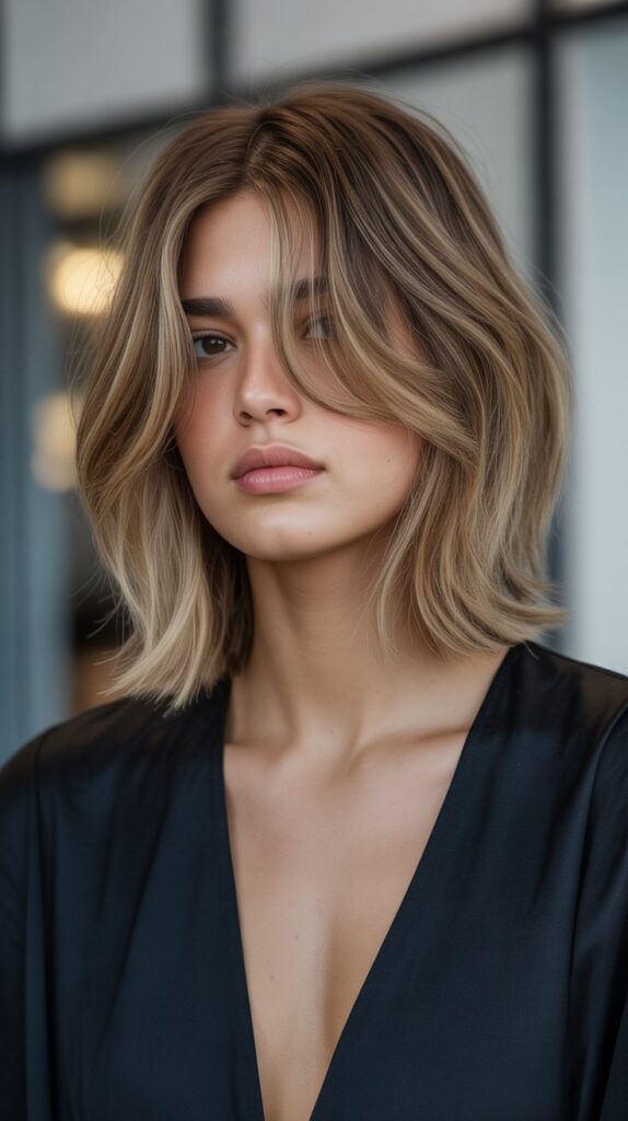 Long Bob with Curtain Bangs and Money Pieces