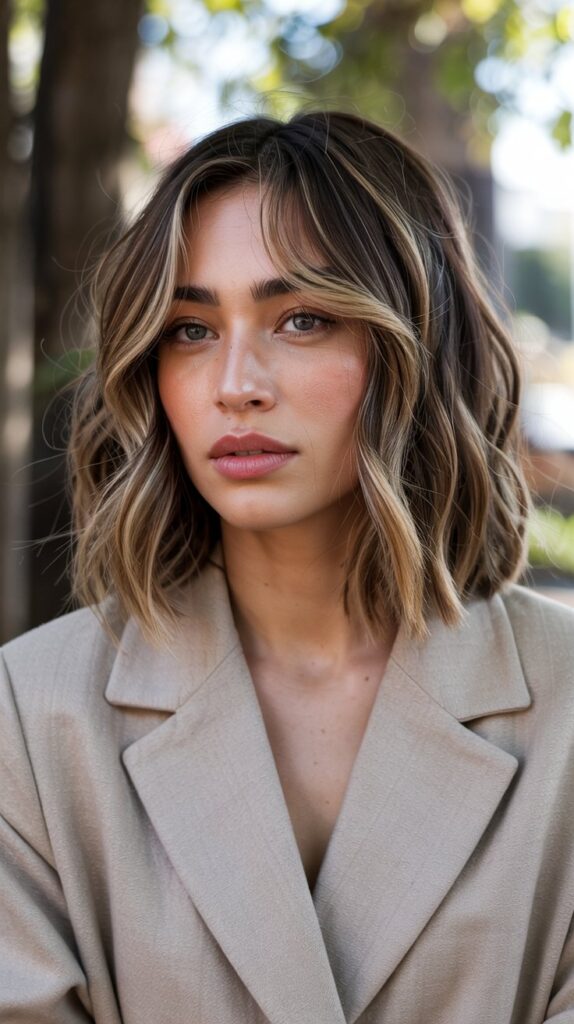 Layered Long Bob with Side-Swept Curtain Bangs