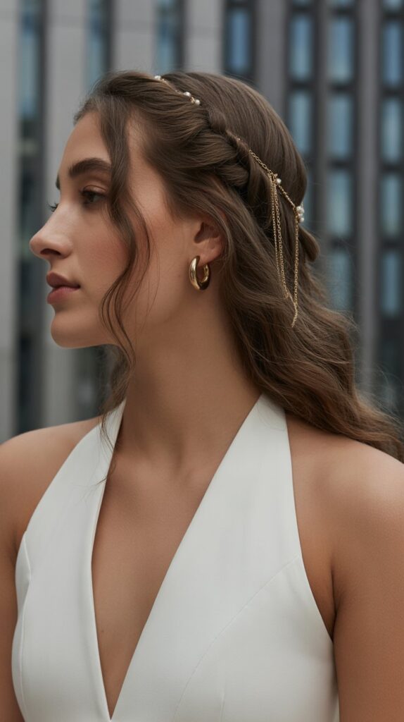 30+ Half-Up, Half-Down Wedding Hairstyles That Will Take Your Wedding Look to the Next Level 29 Half-Up with Hair Chain