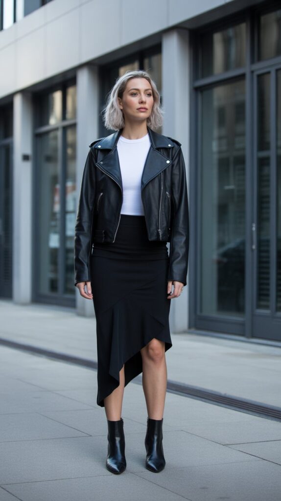 20 Stylish Winter Skirt Outfits for Women That Are Warm Yet Trendy 19 Asymmetric Hem Skirt with Fitted Jacket