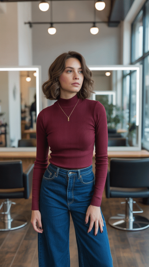 27 Stylish Hairstylist Outfits for Work in Winter 22 Mock Neck Sweater with Wide-Leg Jeans