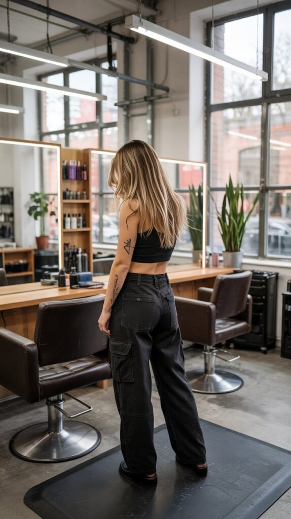 Black Cargo Pants with Black Crop Top