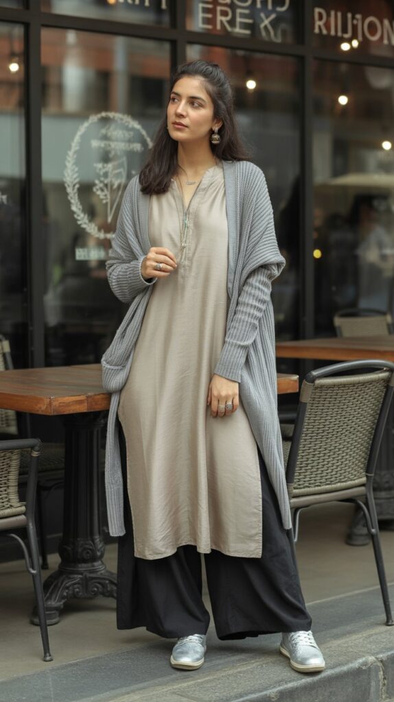 22 Gorgeous Indian Winter Outfits for Women You'll Love 20 Long Shrug Over Kurti and Palazzo