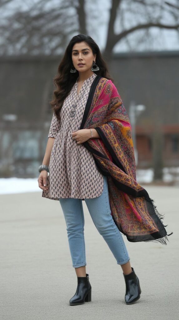 22 Gorgeous Indian Winter Outfits for Women You'll Love 4 Embroidered Shawl with Jeans and Kurta