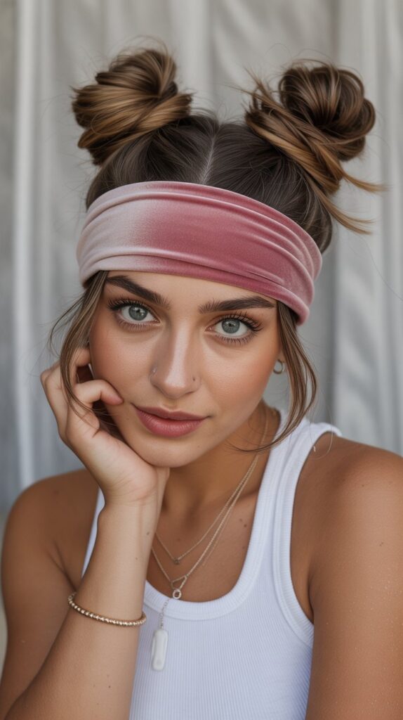27 Greasy Hair Hairstyles with a Headband 14 Space Buns with Velvet Headband