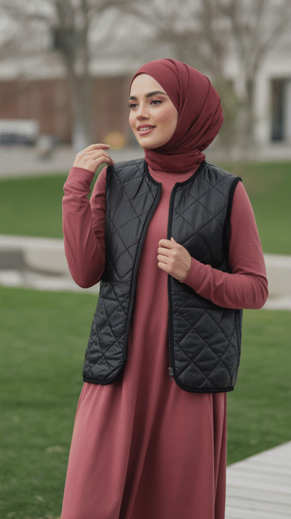 25 Modest Winter Outfits for Women with Hijab That Stay Fashionable 13 Quilted Vest Over Long-Sleeved Dress