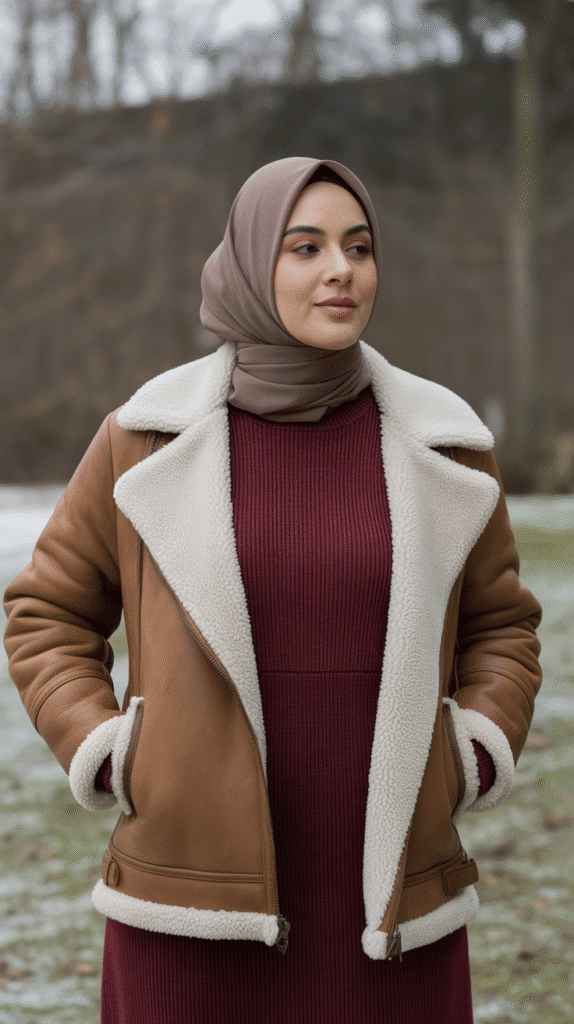 25 Modest Winter Outfits for Women with Hijab That Stay Fashionable 17 Shearling Jacket Over Knit Dress