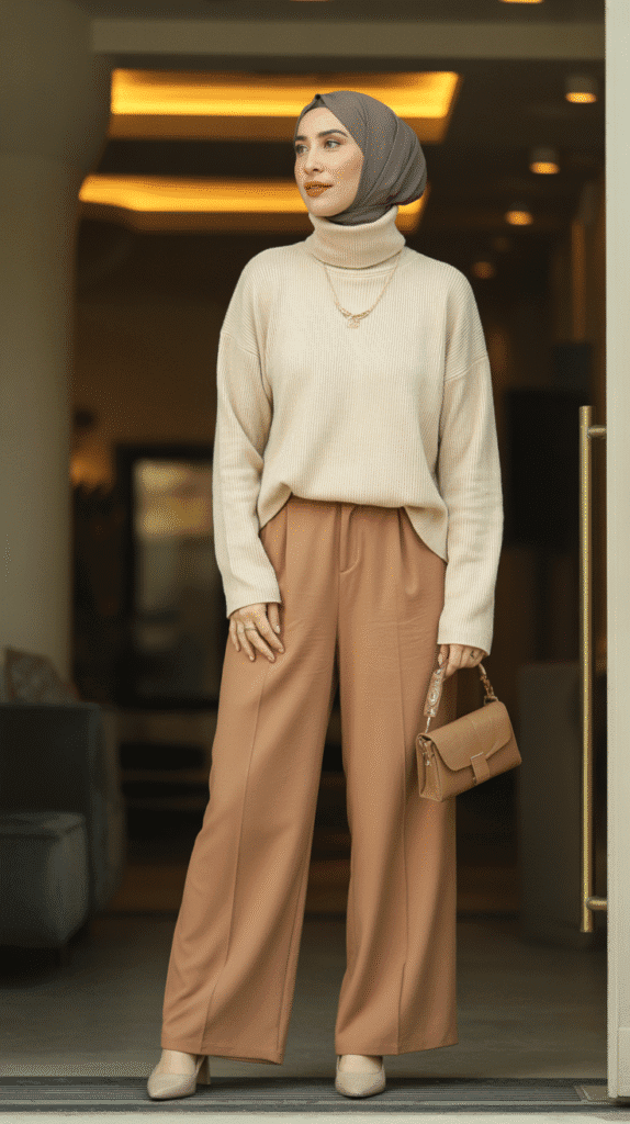 25 Modest Winter Outfits for Women with Hijab That Stay Fashionable 2 Turtleneck Sweater with Wide-Leg Trousers