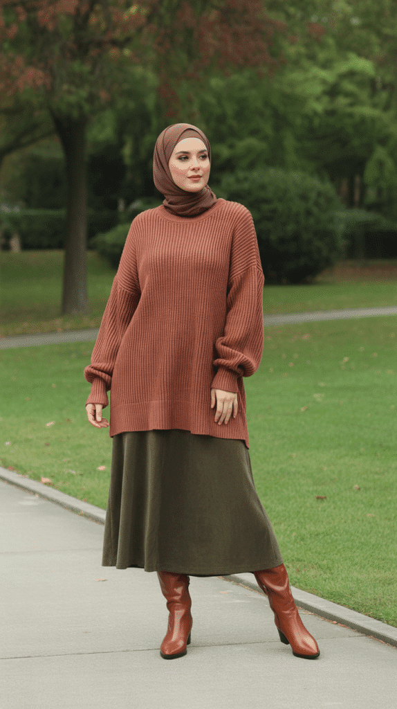 25 Modest Winter Outfits for Women with Hijab That Stay Fashionable 8 Oversized Sweater with Midi Skirt and Knee-High Boots