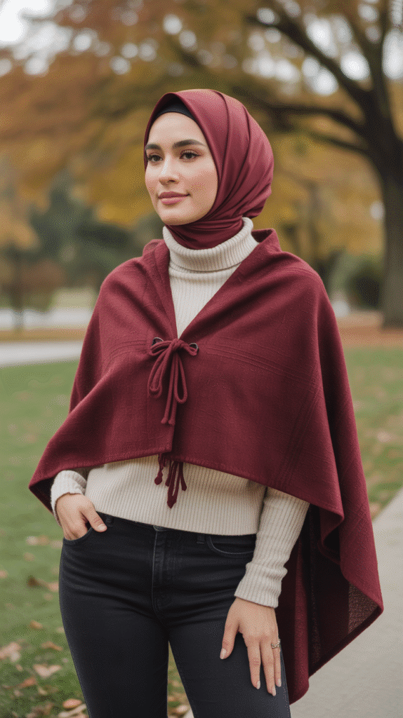 25 Modest Winter Outfits for Women with Hijab That Stay Fashionable 6 Wool Poncho Over Long-Sleeved Top and Jeans