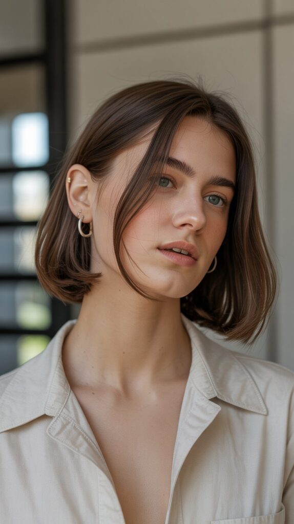 Long Bob with Curtain Bangs and Tucked Behind Ears