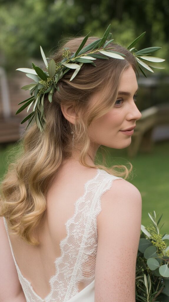 30+ Half-Up, Half-Down Wedding Hairstyles That Will Take Your Wedding Look to the Next Level 27 Half-Up with Greenery Accents