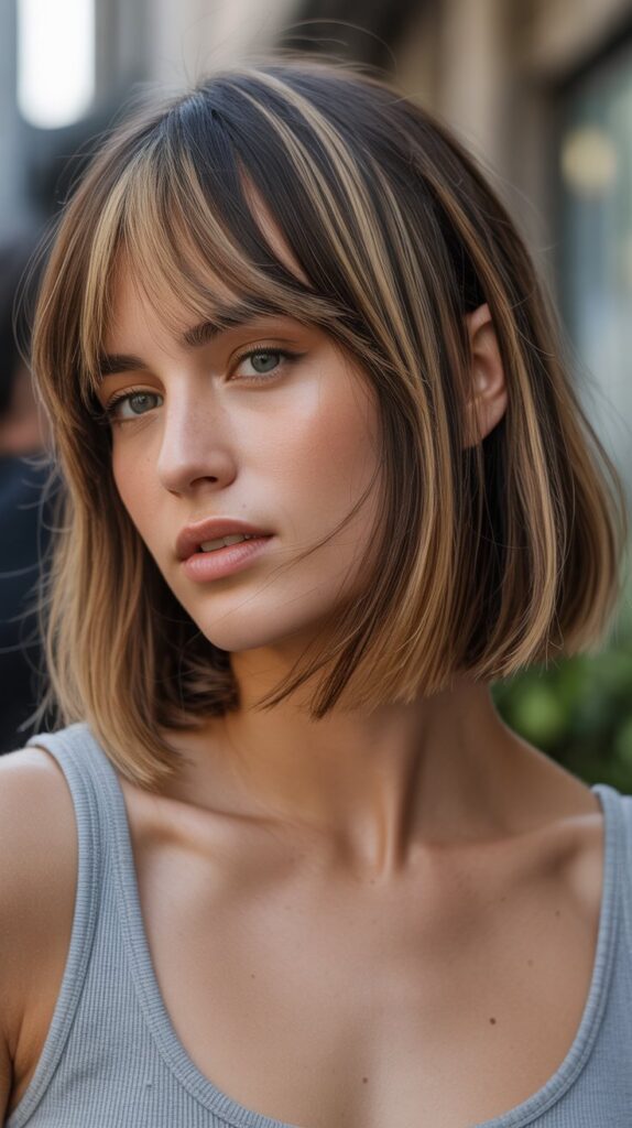 Long Bob with Curtain Bangs and Lived-In Color